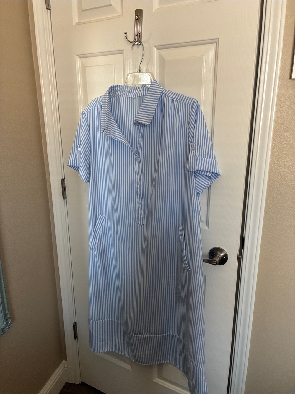 Light Blue Striped Short-Sleeve Shirt Dress 2XL